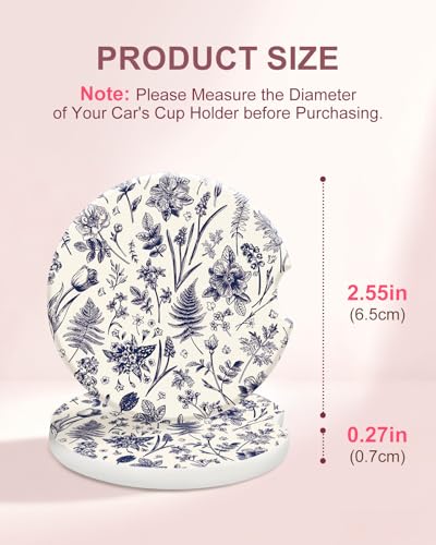 Swooflia Floral Absorbent Ceramic Car Coasters Set of 2, Cute Botanical Wildflower Cup Holder Coasters for Car, Vintage Blue Flower Car Accessories for Women, Unique Gifts for Mom, Friends, Teachers - color: Vintage Blue Flower