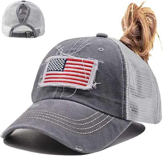 Women American Flag Ponytail Hat, Embroidery Adjustable Washed Distressed Messy Bun Baseball Cap … - color: Mesh Gray