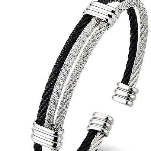Men Women Stainless Steel Twisted Cable Adjustable Cuff Bangle Bracelet - color: F-Metal Color: Silver & Black