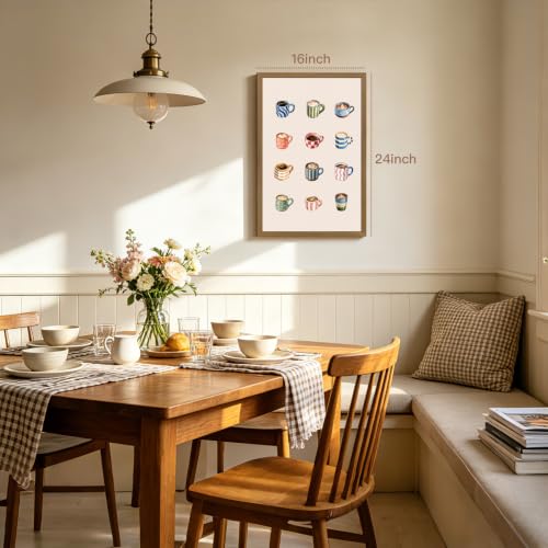 OPFDE Wood Framed Coffee Cups Wall Art, Minimalist Coffee Bar Poster Print, Colorful Espresso Latte Illustration Wall Decor, Vintage Cafe Kitchen Artwork for Dining Room Breakfast Office 12x16 Inch - color: Illustration, size: 16"L x 12"W