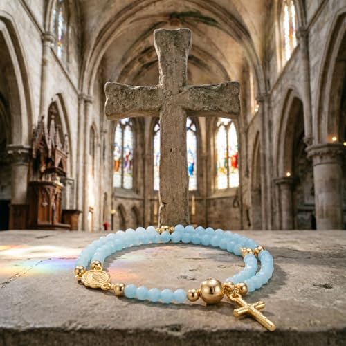 Cross Rosary Bracelet for Women Handcrafted Crystal Virgin Mary Cross Beaded Bracelets Christian Faith Link Bracelets Crucifix Religious Christian Faith Jewelry - color: Blue