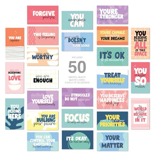 Canopy Street Strong Mental Health Mini Quote Cards / 50 Motivational Kindness Cards / 25 Vibrant Uplifting Designs / 2" x 3.5" Flat Business Card Size/Small Inspirational Daily Quote Cards - color: Strong Mental Health