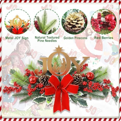 Eksen LED Lighted Christmas Centerpiece for Table or Mantel, Metal Joy Sign with Pine Greenery and Red Bow, Indoor Christmas Table Decorations for Holiday Home Decor