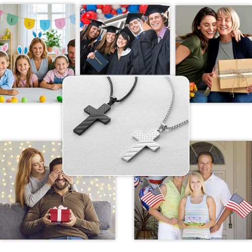 RWQIAN American Flag Cross Necklace for Men Bible Verse, Christian Religious Scriptures Faith Baptism 1st First Communion Pendant Chain for Boys, Fathers Dad Day Graduation Jewelry Gifts for Him - color: Black, style: Always Remember