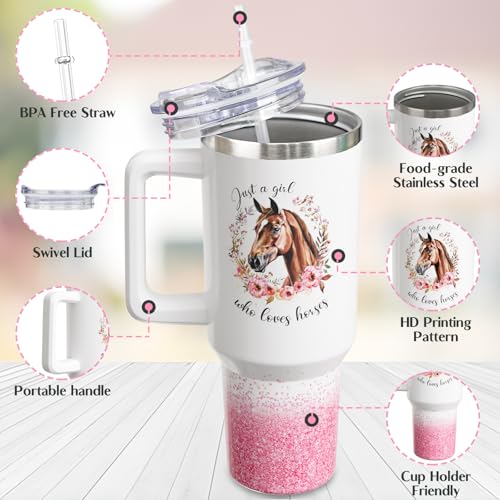 30 oz Horse Tumbler with Handle and Straw, Pink Floral Stainless Steel Vacuum Insulated Travel Coffee Mug Cup Water Bottle, Horse Stuff Accessories Decor Gifts for Women Girls - color: Pink, size: 30 Ounces