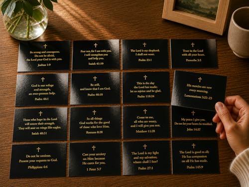 Bible Verse Cards with Wood Stand, 48 Prayer Cards for Daily Display - color: Black Gold