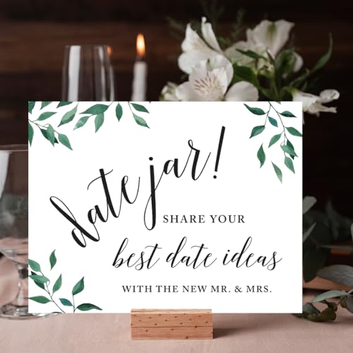 Andaz Press Wedding Party Signs, Natural Greenery Green Leaves, 8.5x11-inch, Date Jar Share Your Best Date Idea With the New Mr. & Mrs. Sign, 1-Pack - color: Activities Date Jar