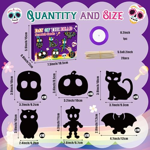 CY2SIDE 60PCS Day of The Dead Skeleton Scratch Card Gift Set for Kid, DIY Mexican Fiesta Scratch Paper Kit for Student School Activity, Magic Art Rainbow Color Craft for Children Halloween Party Favor - style: Day of the Dead
