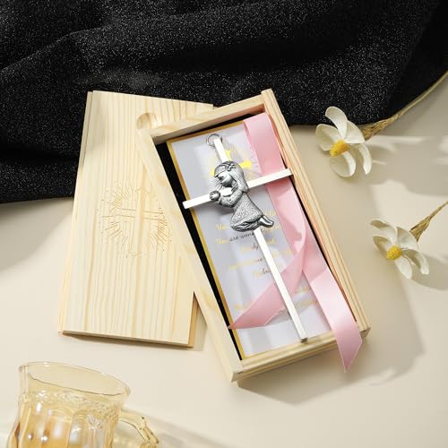 Baptism Gifts for Boys & Girls,First Communion Gifts for Kids,Christening Baby Shower Party 6in Praying Cross (1pc Silver Girl with Wooden Box) - color: Pink