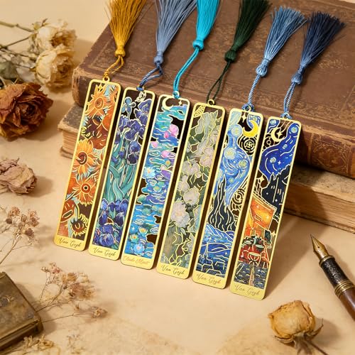 Esoes 6-Pack Metal Bookmarks with Tassels, Gold-Tone Oil Painting Designs