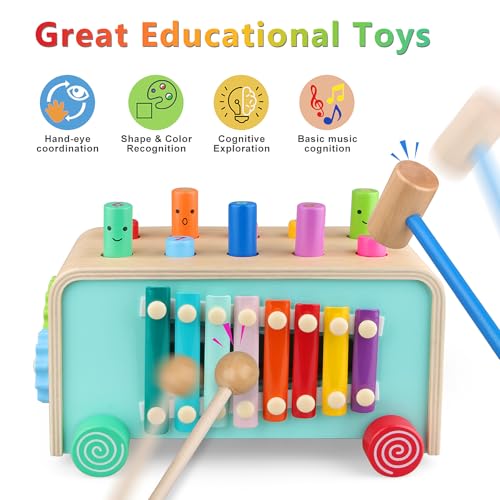 Montessori Baby Hammer Pounding Toy for Toddlers Boys Girls 2 3 4 Years Old, Educational Learning Toy Xylophone Color Shape Easter Basket Stuffers for Toddlers Valentine's Day Gift