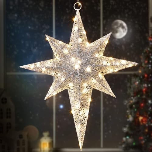 Retisee 1 Pcs 24 Inch Christmas Glitter Bethlehem Star Large LED Outdoor Xmas Lights Powered Hanging Outdoor Lighted Christmas Star for Yard Porch Festival Xmas Holiday Nativity Wedding (White)
