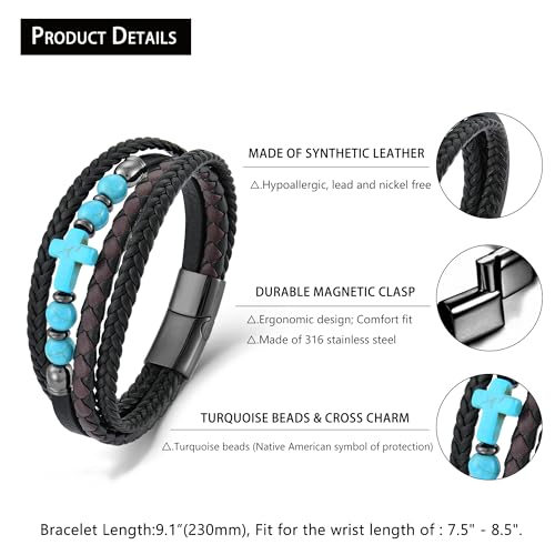 Men's Leather & Lapis/Onyx/Turquoise/Tiger Eye Cross Bracelet - Braided Christian Jewelry for Men, 8.3" & 9.1" Sizes - color: Turquoise, size: 9.1in(Fits larger wrists)