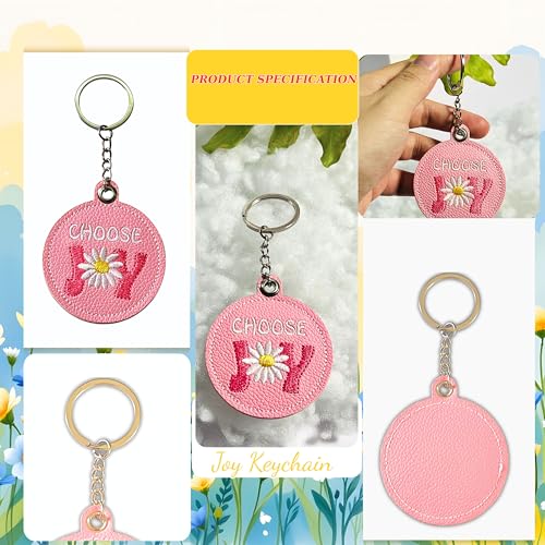 Handmade Jesus Keychain Pink PU Leather Embroidered Inspirational Quote Bag Charm, Christian Faith Keychain - color: Choose Joy
