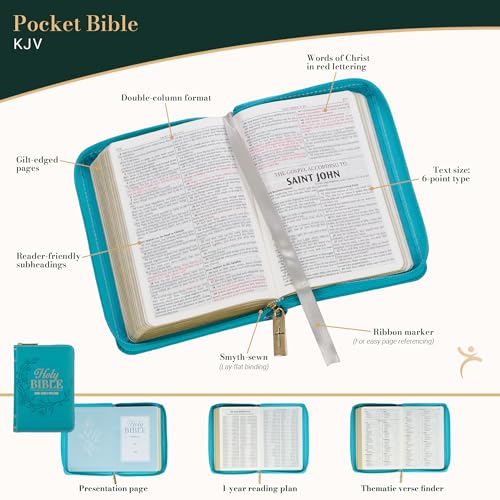 KJV Holy Bible, Mini Pocket Size, Red Letter Edition, Reading Plan, Thematic Verse Finder, Ribbon Bookmark, King James Version, Vegan Leather, Aqua, Zipper Closure, 6.2" x 4.3" (KJV Pocket Editions)