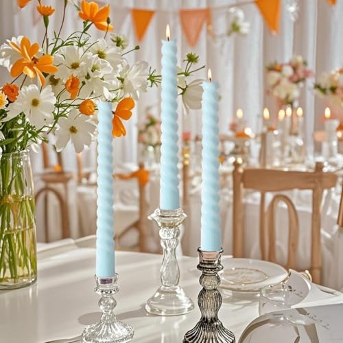8 Pack 10 Inch Baby-Blue Spiral Taper Candle Set, 7/8 Inch Unscented Driples Candlesticks for Home Decoration, 6-7 Hours Burn - color: Baby Blue