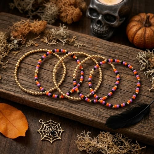Gold Pearl Beaded Cross Bracelets Stack Set for Women, Boho Handmade Colorful Small Beads Stretchable Jewelry Friendship Summer Trendy Gift. - color: black and orange
