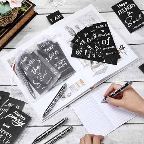 200 Pcs Christian Gift for Women Christian Accessories Include 50 Bible Verses Notebook 50 Church Bookmark 50 Ballpoint Pen Organza Bag Gift for Christmas Church Motivational (Black,White) - style: Black,White