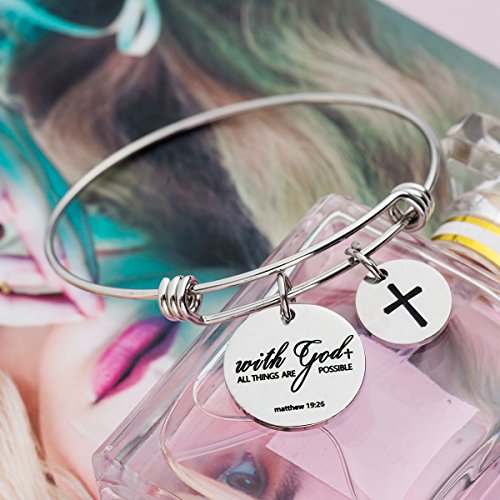 Cross Christian Bible Verse Adjustable Spring Bracelet Gift for Women - color: Matthew 19:26