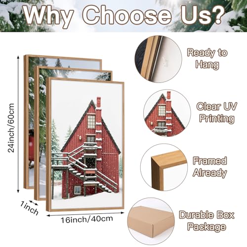 CHDITB 3Pcs Snowy Christmas Landscape Framed Canvas Wall Art 16x24 Inch - color: Cottage Forest Reindeer Sleigh, size: 16"L x 24"W