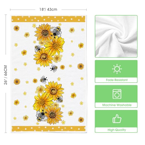 Artoid Mode Sunflower Bee Hello Sunshine Summer Kitchen Towels Dish Towels, 18x26 Inch Farmhouse Spring Decoration Cleaning Set of 2