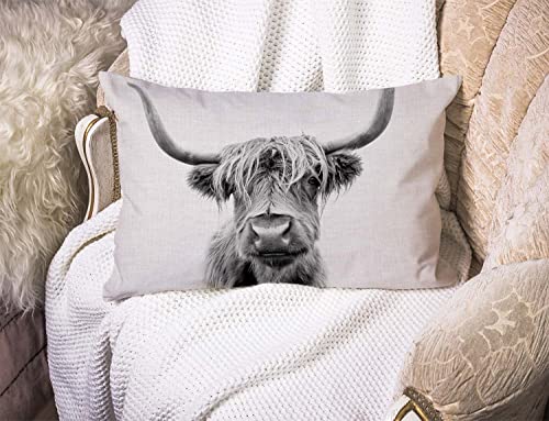 Smooffly Cow Decorative Pillow Cover Farmhouse Portrait of a Highland Cow Cattle Ox Horn Hairy Grey White Cotton Linen Decorations Cushion Case for Sofa Couch Cotton Linen 12x20 Inches - color: Md021