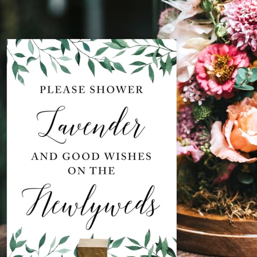 Andaz Press Wedding Party Signs, Natural Greenery Green Leaves, 8.5x11-inch, Please Shower Lavender and Good Wishes on the Newlyweds, 1-Pack, Lavender Ceremony Exit Toss Sign - color: Activities Lavender