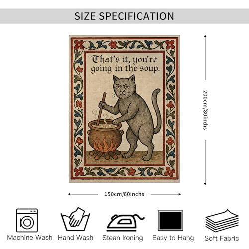 FoxUncle Weird Medieval Cat Tapestry Vintage Medieval Cat Aesthetic Wall Art Funny Quirky Animal Wall Decor 60 x 80 inches Home Decor for Living Room Hallway Bedroom - color: White, size: 80"L x 60"W