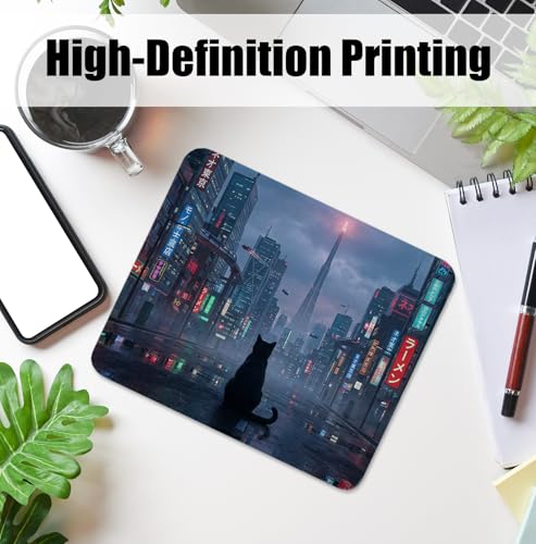 Night City Black Cat Mouse Pad for Desk, Black Cat Lover Mom Gifts Mousepads with Anti-Slip Rubber Base for Computer Laptop Home Office Desk Accessories, 9.5x7.9 Inch - color: Square mouse pad-Black Cat