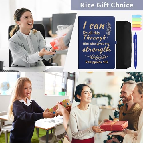 Christian Gift Set, Prayer Notebook and 10 Bible Pen Set with Sticky Notes & Pencil Case, Bulk Inspirational Church Notes Notebook Supplies for Women Men Grandparents Church Pastor, Brown - color: Brown