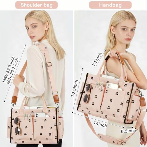 Janhavi Travel Tote Bag for Women with Zipper Closure & Shoulder Strap, Large Canvas Handbags for Bible Work Teacher Nurse - color: Light Pink & Bow