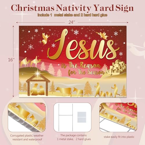 Capoda 24inch Christmas Holy Nativity Yard Sign with Stakes Jesus Is the Reason for Season Lawn Sign Manger Religious Xmas Yard Decorations Outdoor for Religious Xmas Outdoor Party Decor(Red Gold) - color: Red Gold