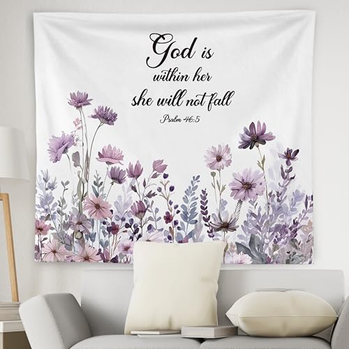 WNAGT Purple Floral Christian Tapestry Wall Hanging, Bible Verse Tapestry, God Is Within Her She Will Not Fall Scripture Religious Wall Blanket Decor for Girls Bedroom Dorm Home, 50x60 Inch - color: I