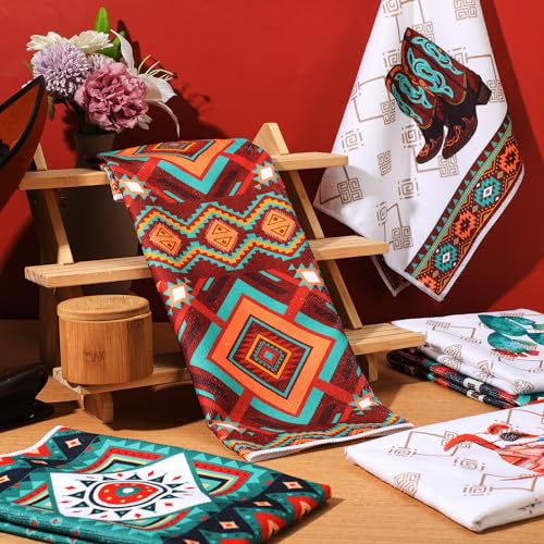 Boyiee Set of 6 Southwestern Kitchen Towels Boho Aztec Theme Dishcloth - color: Western