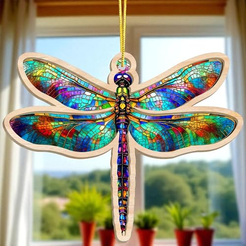 Christmas in July Decorations, Dragonfly Ornament Stained Glass Style, Colorful Hanging Ornament for Tree, Window, Car Mirror, Early Ideas for Women Mom Garden Lovers - color: Katinat- Kl Dragonfly Ornaments