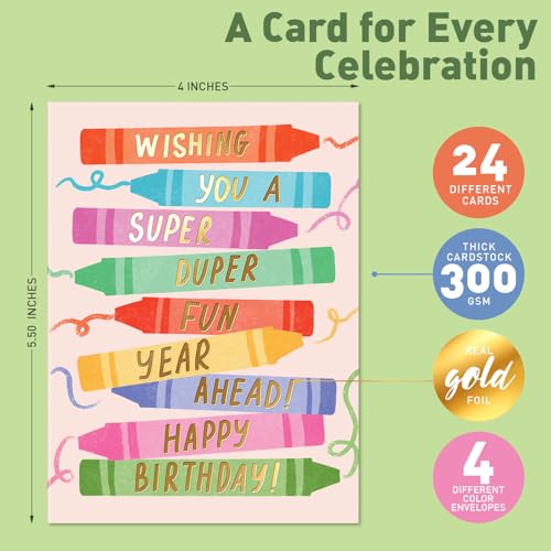 Sweetzer & Orange Happy Birthday Cards with Envelopes & Assortment Box. Variety Set of 24 Assorted Birthday Cards with Envelopes, Perfect Bulk Pack for Celebrations, Special Occasions, Friends-4x5.5" - color: Modern (set of 24)