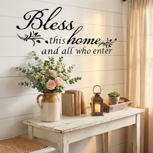 Decaltor Bless This Home Wall Decal - Vinyl Entryway Decor Quote Sticker - color: Black, size: 22'' X 10''