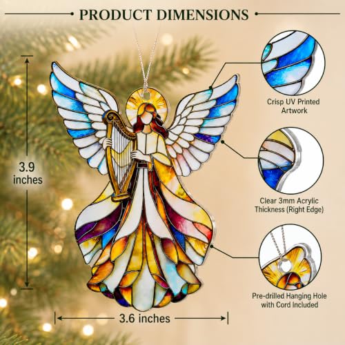 Guardian Angel Playing Harp Ornament, Stained Glass Style Acrylic Hanging Decoration for Christian Home Decor, Inspirational Religious Gift for Mom, Grandma, Friend, Christmas Tree Ornament - color: Angel With Harp