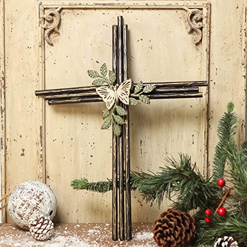 Synovana Wall Cross, Rustic Metal Cross Wall Decor with Butterfly & Leaves, Inspirational Christian Wall Crosses for Home Decor, Crucifix Gift - size: 15.9"L x 12.6"W