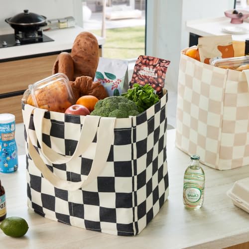 Checkered Reusable Grocery Bags, Cute Checkerboard Large Canvas Tote Bag, Reusable Shopping Bags Farmers Market Bag - color: Black and White