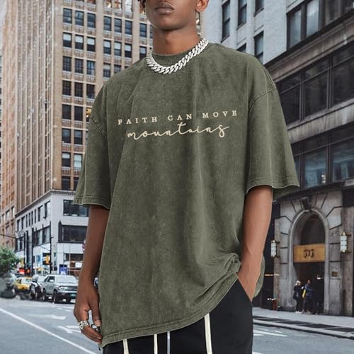 Men's Graphic Shirt Faith Can Move Mountains Shirt Oversized Camping Hiking Tees Acid Wash Casual T-Shirt - color: A Army Green, size: XX-Large