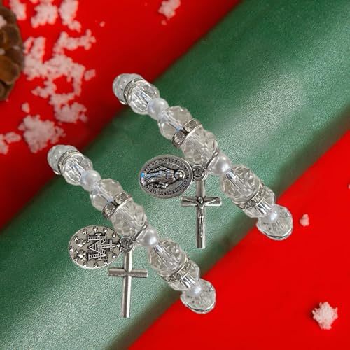 Bovemee 2Pcs Handmade String Miraculous Medal Pink Virgin Mary Bracelets, Crucifix Cross Red Rosary Bracelet Catholic Gift for Women Men - color: White