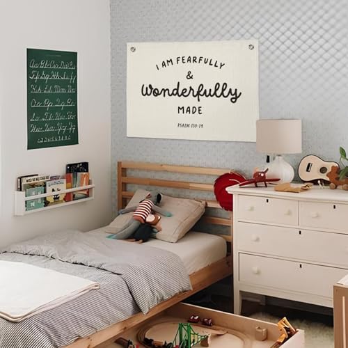 Kids Room Decor - Bible Verse Wall Hanging, 'I am Fearfully and Wonderfully Made' Linen Banner, Canvas Decoration for Classroom, Nursery, Kids Room - color: Psalm 139:14