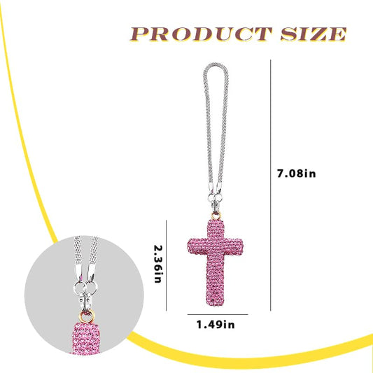 Glitter Cross Car Rearview Mirror Accessories Rhinestone Rear View Mirror Decor Decoration Glitter Crystal Pink Cross Car Hanging Ornament Christian New Driver Vehicle Auto Interior Accessory