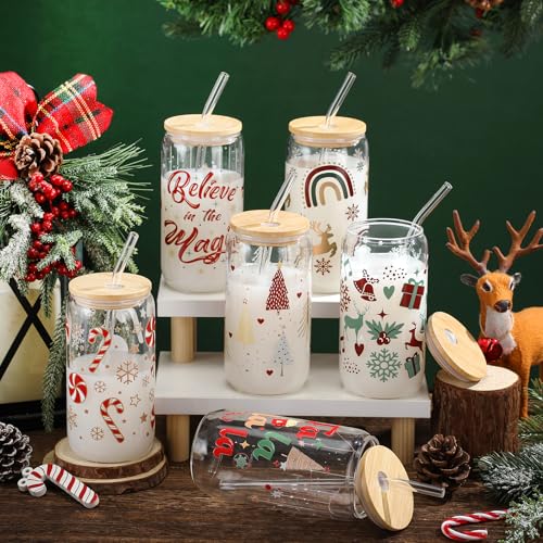 SiliFine 6 Pcs Christmas Glass Cups, 16 oz with Lids and Straws - style: Christmas