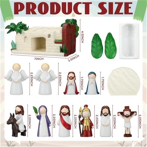 Novabright 14 Pcs Religious Easter Decorations Tells The Story of Easter, Resin Jesus Resurrection Scene Empty Tomb Holy Week Gifts He is Risen Storytelling Figurines for Christian Table Centerpiece