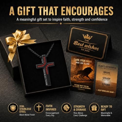Black Baseball Cross Necklace for Men, Philippians 4:13 Bible Verse
