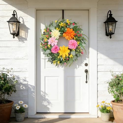 Summer Wreaths for Front Door 24 Inch, Artificial Spring Wreath with Dahlia and Peony for All Season Home Decor Easter Indoor Outdoor Wall Home Festival Celebrations - color: Dahlia