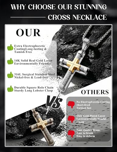 sailimue Cross Necklace for Men 316L Stainless Steel Cross Pendant Necklace - color: Silver Plated+14K Real Gold Plated, size: 24 in = 61 cm