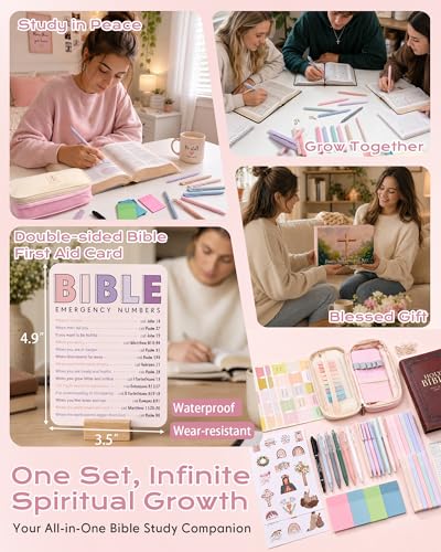 XKDOUS 40 Bible Study Kit, Journaling Supplies for Women with Case, Pink - color: Pink